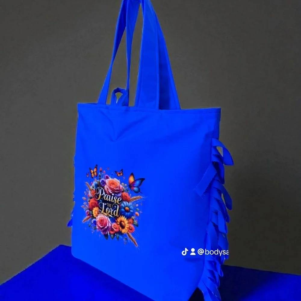Vibrant Blue Tote Bag with Floral Embroidery